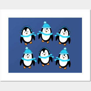 Festive Winter Penguins with Blue Scarves and Hats on a Dark Blue Backdrop, made by EndlessEmporium Posters and Art